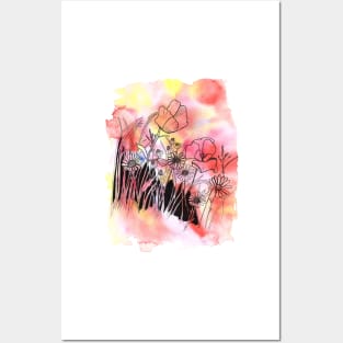 Wildflowers in ink with a watercolor background Posters and Art